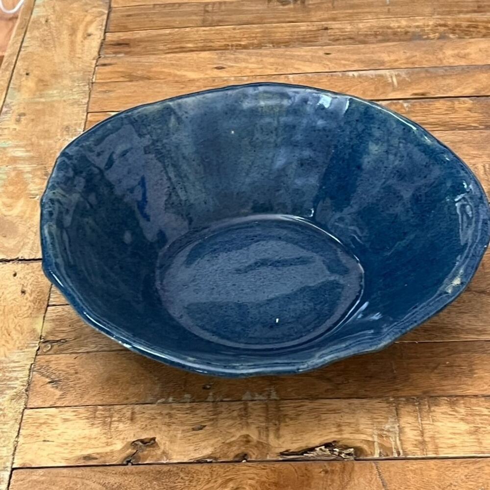 Studio Art Pottery Clay Blue Glaze Bowl Decor 12" Artist Signed